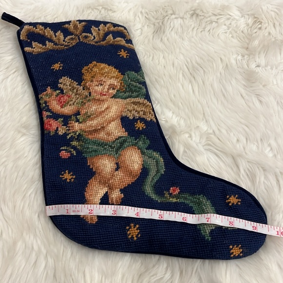 Vintage Needlepoint Stocking Cherub Angel Navy Blue Velour Christmas Wool - Picture 7 of 7